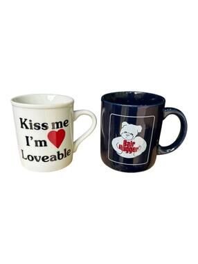 Lot of 2 VTG Papel Kiss Me I’m Loveable and Bair Hugger Coffee Mug White Blue